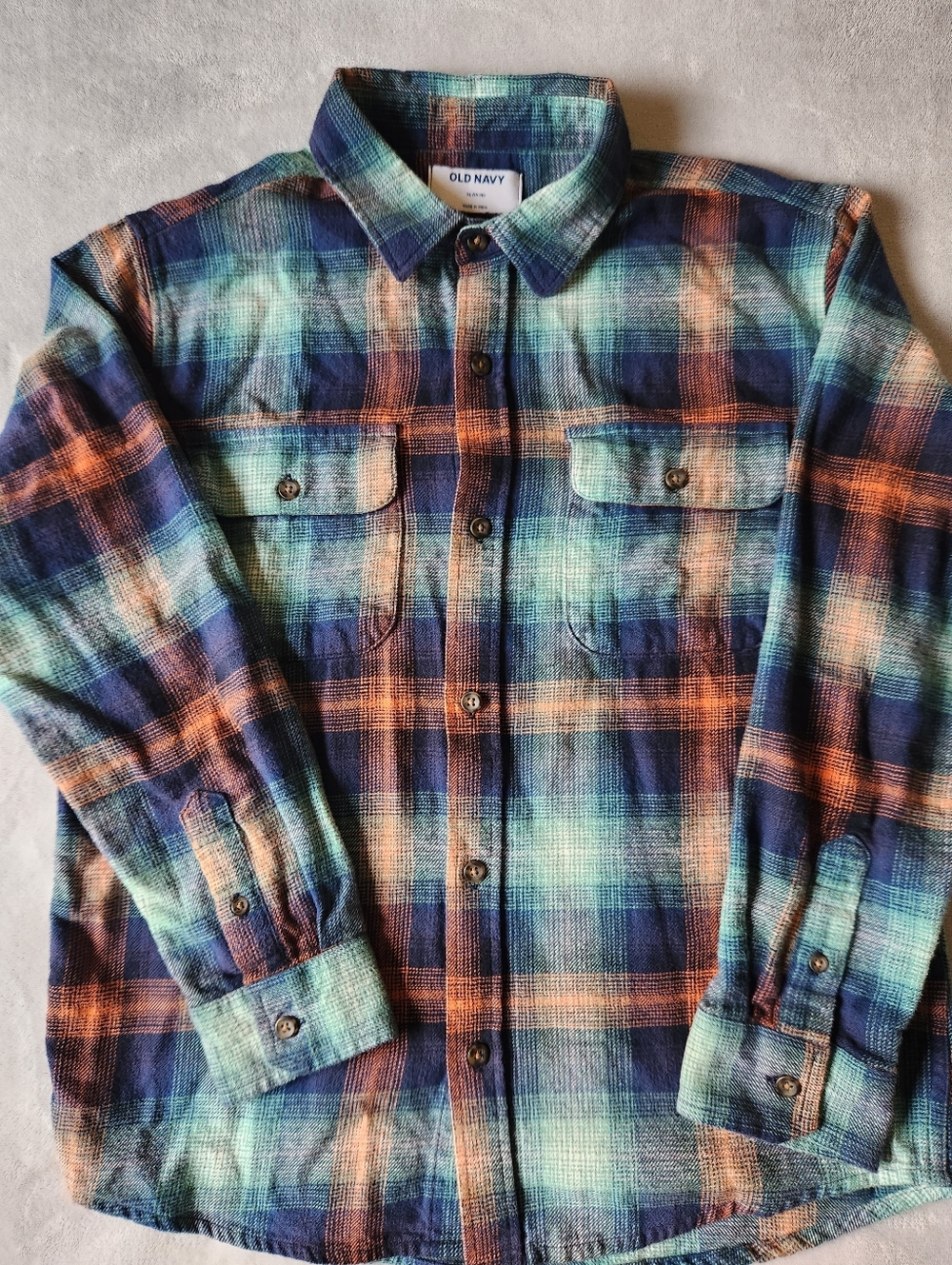 Old Navy Boy’s Plaid Button-Up Shirt in Teal & Orange